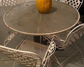 Vintage Wrought Iron White Tempered Glass Patio Table, with 4 Chairs