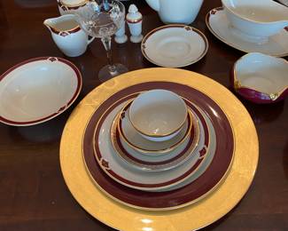 Pickard Ensemble Burgundy 8 Piece Place Setting, Pottery Barn Charger
