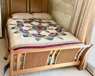 SUPER NICE Queen size Modern Wood Sleigh Bed with wood rails, Mattress & Box spring. Can be sold with or without nightstand & Armoire.