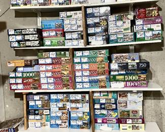 HUGE LOT of 319 jigsaw puzzles. 300 - 1500 piece puzzles. Would sell all early during pre-sale up to September 17th.