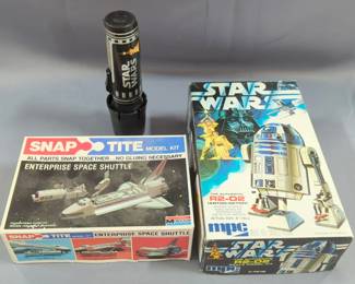 Star Wars R2-D2 Model Kit, In Box, Light Saber Flashlight, And Snap Tite Enterprise Space Shuttle Model Kit, in Box