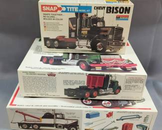 Peterbilt Wrecker Model Kit, Alaskan Hauler Model Kit, And Snap Tite Chevy Bison Model Kit, In Box