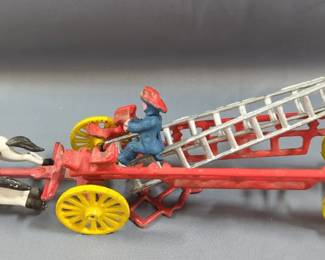 Antique Cast Iron Toy Horse And Ice Wagon, Vintage Cast Iron Horse Drawn Fire Truck Pump, And Vintage Cast Iron Horse Drawn Fire Truck