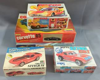 Lindberg 1980 Corvette Model Kit, Corvette 85 Model Kit, MPC Nitro Vett Fuel Funny Car Model Kit, Revell Corvette Stingray Model Kit, And MPC Sting Ray Model Kit