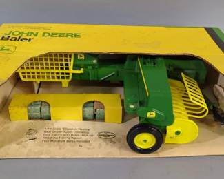 Ertl Diecast John Deere 1:16 Scale Utility Tractor With Endloader #503 And Baler Implement #585, Both In Original Boxes