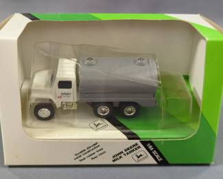 Ertl Diecast John Deere 1:64 Scale Milk Tanker #5545, Implement Hauling Flatbed #5542, And Grain Truck With Pup #5543, In Original Boxes