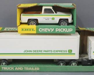 Vintage ERTL John Deere Truck And Trailer, And Chevy Pickup