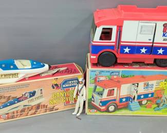 Vintage Ideal Evel Knievel Canyon Sky Cycle And Scramble Van, Original Boxes