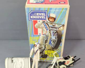 Ideal 1978 Evel Knievel Stunt Cycle With Figure, Original Box And Ramp Panels