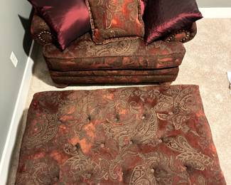 Oversized metallic red and brown chair and ottoman. 

Online only sale for furniture opens Thursday/October 5

For pricing information:
•Text only to 615-854-8535
•Send a photo of the item(s) you are interested in
•In person viewing will be available on Friday/October 6!
