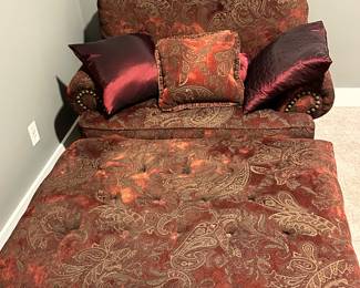 Oversized metallic red and brown chair and ottoman. 

Online only sale for furniture opens Thursday/October 5

For pricing information:
•Text only to 615-854-8535
•Send a photo of the item(s) you are interested in
•In person viewing will be available on Friday/October 6!