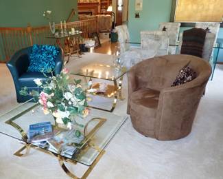 BRASS & GLASS COFFEE AND END TABLES - SUEDE & LEATHER BARREL CHAIRS