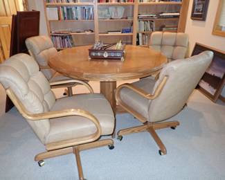 GAME TABLE WITH LEATHER CHAIRS ON WHEELS - ROUND OAK TABLE