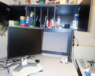 CORNER MODULAR OFFICE DESK SYSTEM - LIGHT WEIGHT FOR MOVING LOTS OF STORAGE - FILE CABINETS - OVER HEAD STORAGE -