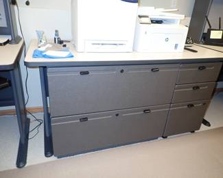 CORNER MODULAR OFFICE DESK SYSTEM - LIGHT WEIGHT FOR MOVING LOTS OF STORAGE - FILE CABINETS - OVER HEAD STORAGE -