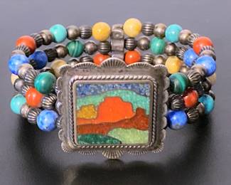 Southwestern mosaic inlay set in sterling and beaded bracelet by Relios Studios 