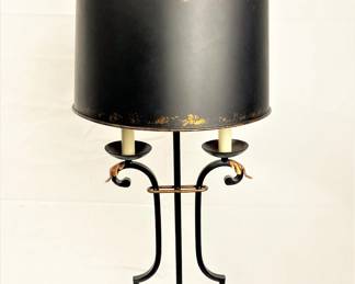 Metal scroll acanthus leaf French style table lamp with metal tole shade.  Possibly purchased through Uttermost