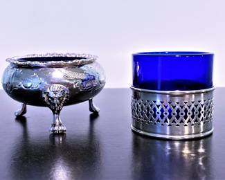Antique English salt cellars with cobalt glass inserts into silver holders 