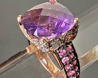 14K Rose gold cocktail ring with amethyst and pink sapphires by Samuel Benham 