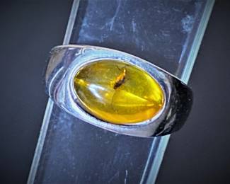 Silver ring with a mosquito trapped in Amber