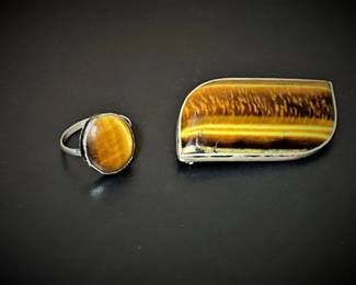 Antique tigers eye ring and brooch 