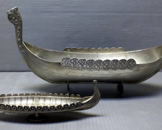 Pewter Norse Long Ship, 13.5" Long, And 8" Long Boat Salt Cellar Anno 800, Marked Osebergskipet