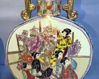 Hand Painted Royal Satsuma Oriental Decanter, 10", And Ginger Jar, 6.5"