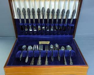 Royal Baroque Stainless Steel Flat Ware Set Including Butter Knives, Salad Forks, Dinner Forks Serving Forks, Serving Spoons, And More, Contents Of Wood Case