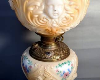 Antique Hand Painted Electric Oil Lamp With Cherub Accents, 27.5"