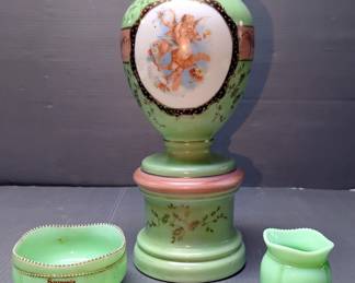 Vintage Hand Painted Urn Style Vase, Tarentum Glass Beaded Rim Toothpick Holder, And Candy Dish