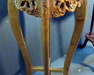 Vintage Carved Wood And Marble Topped Plant Table 37" Tall And Vintage Wood Plant Stand With Marble Top, 27.5" Tall