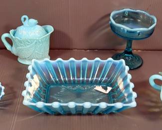 Vintage Glass Opaline 9" Tray, Handled 7" Oval Dish, Pedestaled Leaf Shaped Gravy Bowl, Swan Creamer With Lid, And Pedestaled Candy Dish