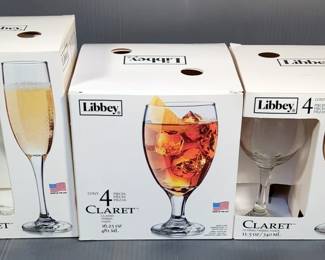 Libbey Glass Collection Including Stemmed Iced Tea Glasses, Wine Glasses, And Champagne Glasses, Total Qty 12 In Original Boxes