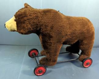 Antique Stuffed Bear On Wheels, 25" x 16"