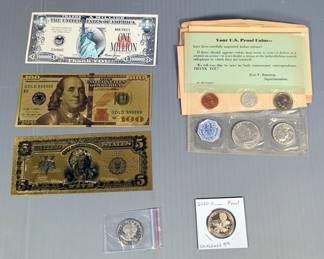 Collectible Proof Coins Including 1960's Coins, Sacagawea 2020, 1 Million Dollar Bill, And Gold Toned $5.00 And $100.00 Bills