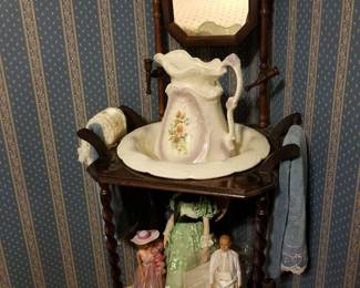 Antique sink and sink stand; Scarlette O'Hare Doll; Antique Ken and Barbie