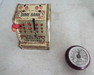 Vintage Dime Bank  Tel-Tru Thermometer