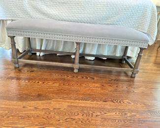 Bernhardt Belgian Oak Upholstered Bench in French Truffle - features a grey upholstered seat with two rows of welt and nailhead trim and wood legs in a French truffle finish.
