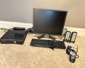 Xbox 360 gaming set with monitor, keyboard, mouse, controller, cables