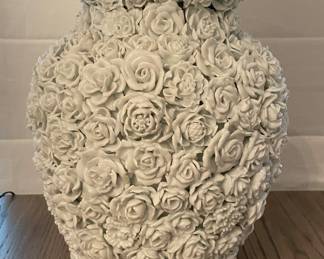 Pair of White Porcelain Flower Table Lamps. Photo 2 of 2.