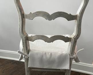 Vintage Pine Sourced Set of 8 Antique French Country Ladder Back Dining Chairs with Rush Seats & Customs Elitis Fabric Skirts. Each Chair Measures 18" W with 19" Seat Height. Photo 4 of 5.