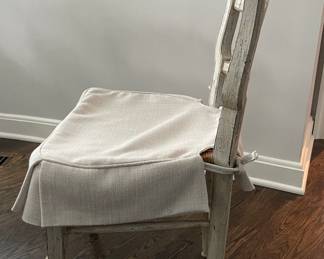 Vintage Pine Sourced Set of 8 Antique French Country Ladder Back Dining Chairs with Rush Seats & Customs Elitis Fabric Skirts. Each Chair Measures 18" W with 19" Seat Height. Photo 3 of 5.