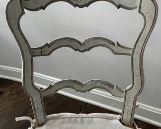 Vintage Pine Sourced Set of 8 Antique French Country Ladder Back Dining Chairs with Rush Seats & Customs Elitis Fabric Skirts. Each Chair Measures 18" W with 19" Seat Height. Photo 2 of 5.