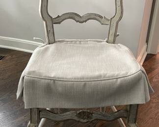 Vintage Pine Sourced Set of 8 Antique French Country Ladder Back Dining Chairs with Rush Seats & Customs Elitis Fabric Skirts. Each Chair Measures 18" W  with 19" Seat Height. Photo 1 of 5. 