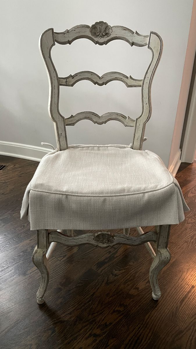 Vintage Pine Sourced Set of 8 Antique French Country Ladder Back Dining Chairs with Rush Seats & Customs Elitis Fabric Skirts. Each Chair Measures 18" W  with 19" Seat Height. Photo 1 of 5. 