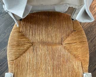 Vintage Pine Sourced Set of 8 Antique French Country Ladder Back Dining Chairs with Rush Seats & Customs Elitis Fabric Skirts. Each Chair Measures 18" W with 19" Seat Height. Photo 5 of 5.