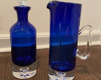 Brand New Block Stockholm Cobalt Blue Crystal Decanter with Stopper and Pitcher. Photo 1 of 3.