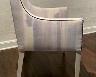 Pair of Simply Done Design & Interiors Custom-Designed Dining Chairs Upholstered in Schumacher Fabric with Contrasting Purple Piping. Each Chair Measures 24" W x 38" H with 118" Seat Height. Photo 2 of 4.