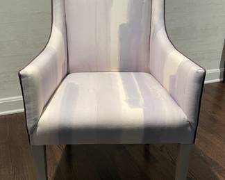 Pair of Simply Done Design & Interiors Interiors Custom-Designed Dining Chairs Upholstered in Schumacher Fabric with Contrasting Purple Piping. Each Chair Measures 24" W x 38" H with 118" Seat Height. Photo 1 of 4.