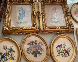 beautiful pair of Blue Boy and Pinky needlepoint plus set of 3 birds
